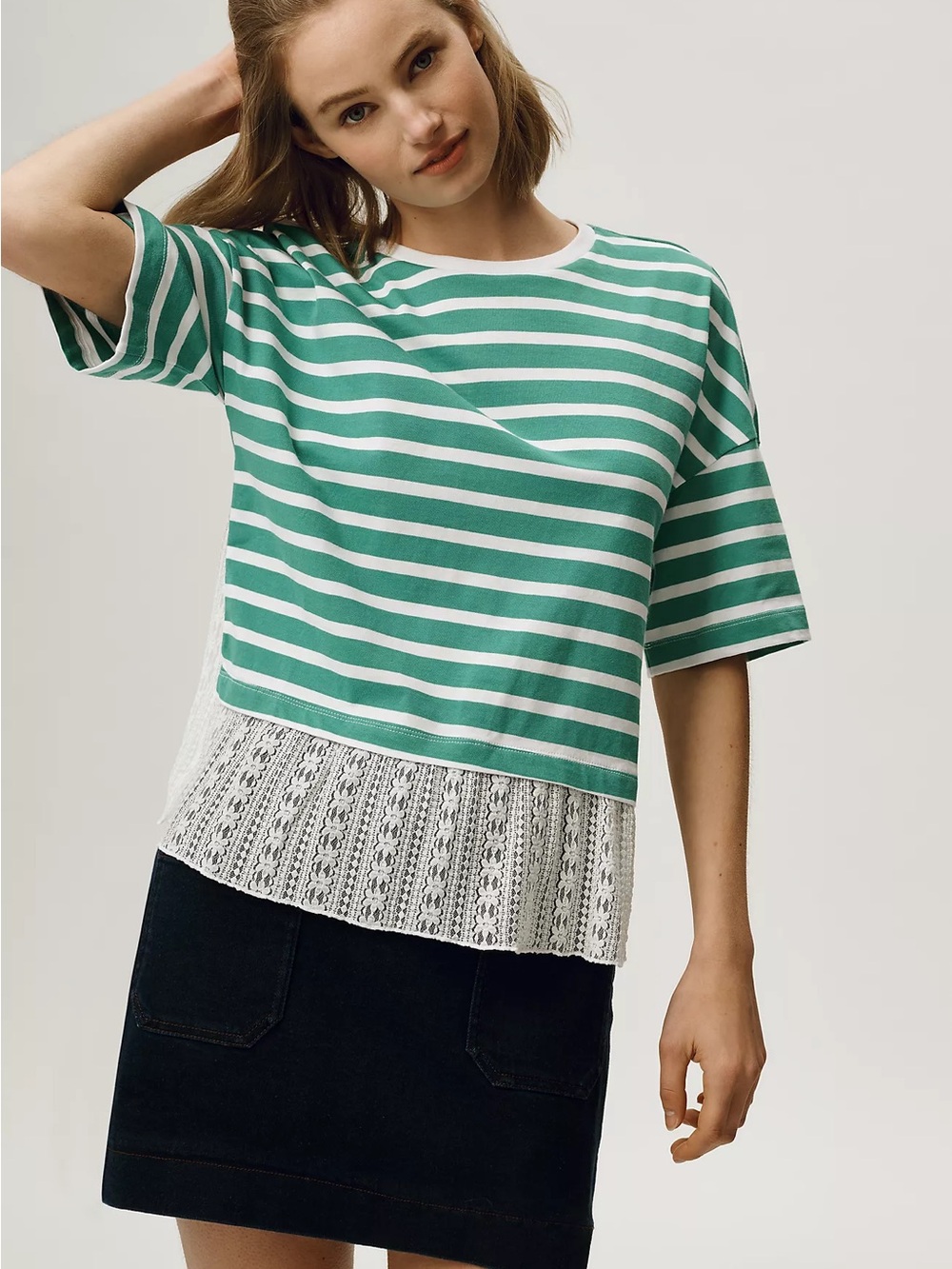 Maeve Green and White Striped Short-Sleeve Top with Lace Hem